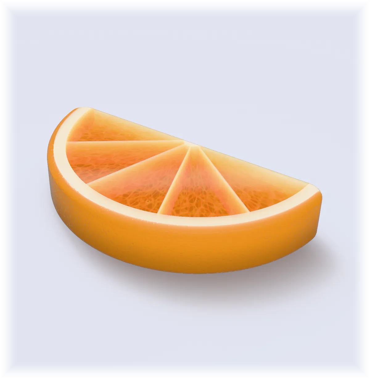 A translucent satsuma slice resting on a pale blue floor